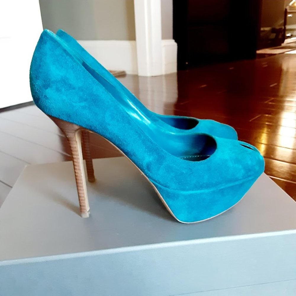 Sergio Rossi ,Blue Suede Platform Peep Toe Heels